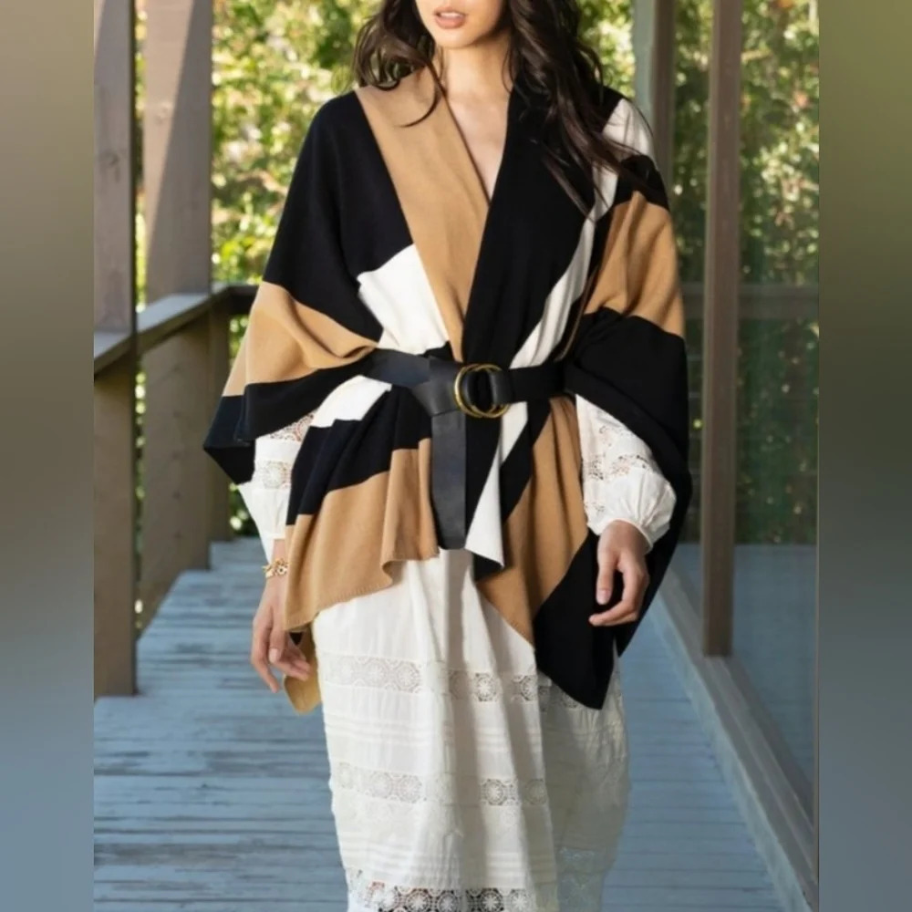 Parrish La Stevie Neutral Color Block Poncho Pa281 - image 1